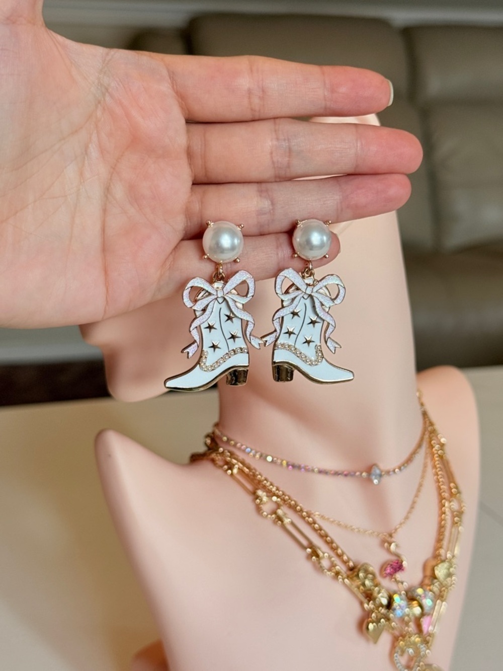 Pearl Top Blue Cowboy Boot Drop Earrings - Women Jewelry - Picture 13 of 13